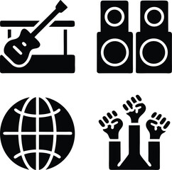 Black icons of music stage globe and raised fists guitar