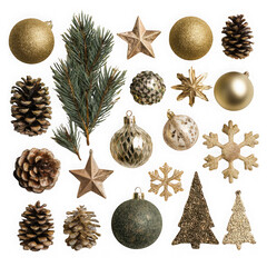 A delightful collection of gold and green christmas ornaments, pine cones, and festive shapes, isolated on transparent background