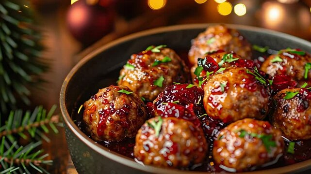 Delicious Meatballs Served in a Rich Sauce With Festive Decorations and Seasonal Ambiance