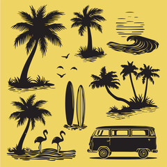 Vector set of ocean elements with palm trees, waves, surfboards, van, flamingos