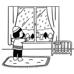 Emotional line drawing of a child sitting and watching the rain. Represents wonder and introspection.