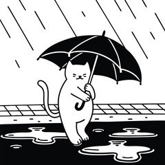 Fun sketch of a cat walking through puddles with tiny umbrella. Great for kids and animal themes.