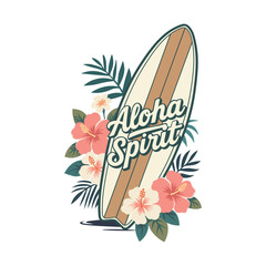 Surfboard design featuring hibiscus flowers and Aloha Spirit text perfect for summer apparel and beach themed projects