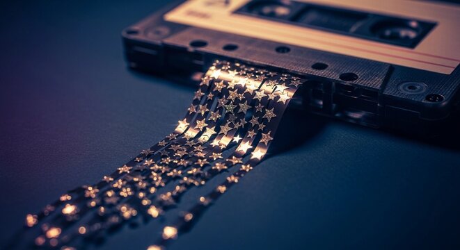 Cassette tape with sparkling metallic ribbon, nostalgic design, for websites and blogs