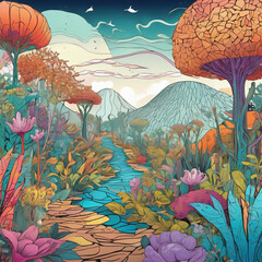 2D Flat Style Psychedelic Botanical Garden Pencil Sketch