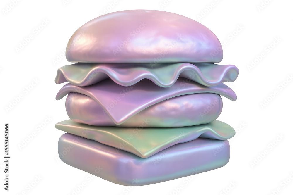 Poster 3d rendering showing holographic burger with shimmering lettuce, melting cheese on translucent backd