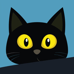 A cute black cat with big yellow eyes peeks from behind a dark surface
