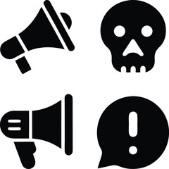 Black silhouette icons of megaphone skull and exclamation mark