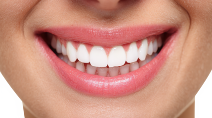 A closeup showcases a radiant smile with impeccably white teeth, isolated on transparent background