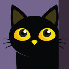 A cute cartoon black cat with big yellow eyes is illustrated against a purple background