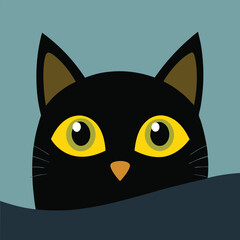 A cute cartoon black cat with big yellow eyes is illustrated against a blue background