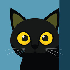 A black cat with bright yellow eyes peeks from behind a colorful background