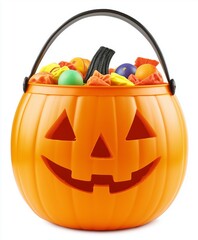 Halloween classic jack-o'-lantern bucket filled with colorful candies, isolated on a white background, in PNG format