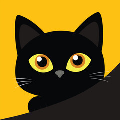 A black cat with bright yellow eyes peeks from behind a colorful background