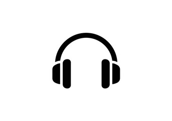 A simple black and white graphic illustration of a pair of over ear headphones on a white background