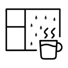 A peaceful scene of a window with falling rain and a hot drink in line art. Great for calm, cozy themes.