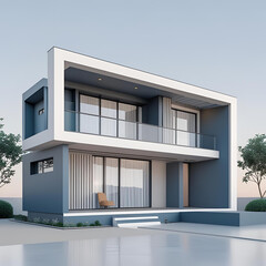 Modern urban architecture features a luxury residential building with green windows, a wooden balcony, and a blue sky overhead