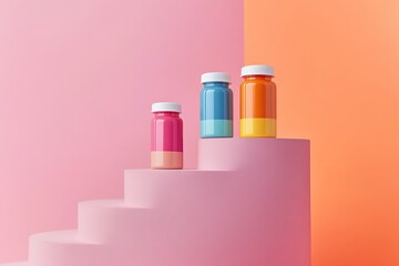 Vibrant, multicolored supplement bottles on a pink podium, with a simple and minimalistic design