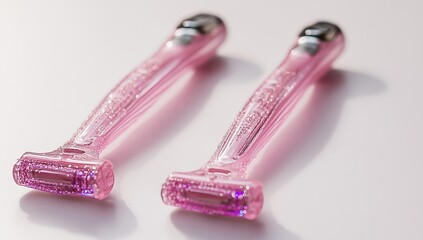 Two pink razors isolated on a white background, with no shadows, reflections, light effects