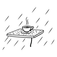 Cup of tea steaming with raindrops on wooden table. Warm and inviting concept.