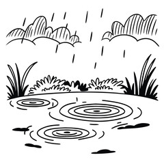 Gentle line sketch of a pond with circular ripples from raindrops. Peaceful and natural.