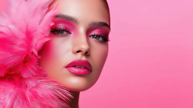 Elegant beauty with vibrant pink makeup and feather accents on a glamorous model
