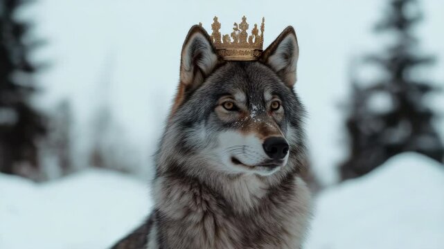 Majestic wolf wearing crown in snowy forest with regal expression and subtle movements