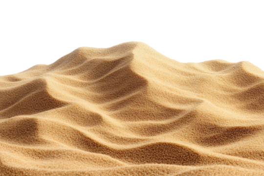 Fine grains of beach or desert sand sculpted into soft dunes and ripples on a transparent background for design and artistic purposes