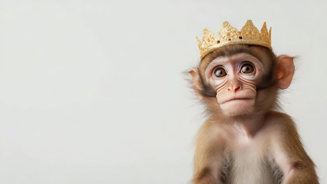 Young monkey wearing a crown looks around curiously in playful sequence
