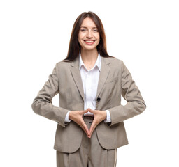 Happy woman in suit on white background