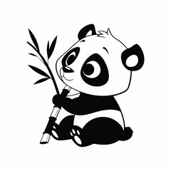 Cute cartoon panda holding bamboo animal black and white