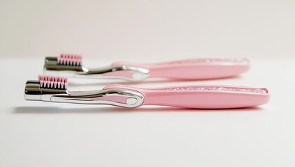 Two pink razors isolated on a white background, with no shadows, reflections, light effects