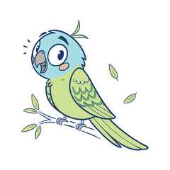 Cute cartoon parakeet perched on a branch bird illustration