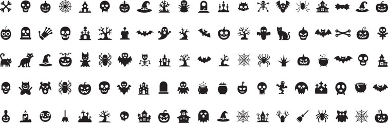 Halloween icons spooky creatures haunted houses black
