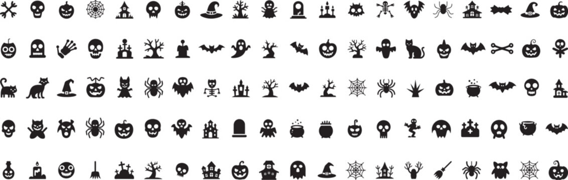 Halloween icons spooky creatures haunted houses black