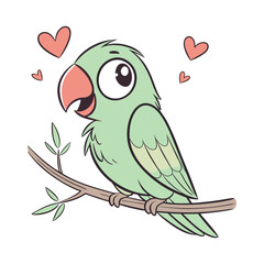 Cute green parrot with pink hearts on branch bird lovebird