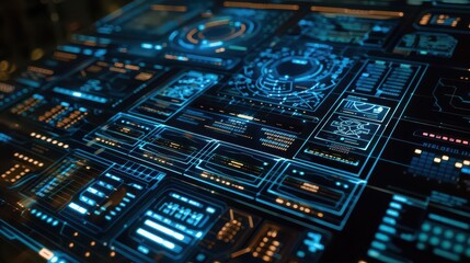 Close up of blue technology interface with various screens and glowing digital elements displayed