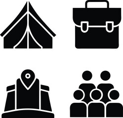 Four black silhouette icons on white background tent