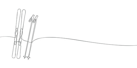 Black and white continuous line drawing of skis and poles standing in snow, ideal for winter sports, skiing gear illustrations, or Olympic themes.