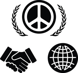 Peace handshake globe and laurel wreath icons peace symbol