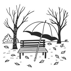 Line drawing of a park bench, umbrella placed beside, and leaves flying in wind.