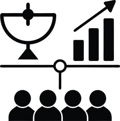 Silhouette icons of a satellite dish graph and people