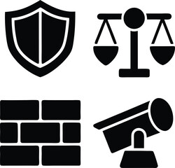 Shield scales brick wall and security camera icons