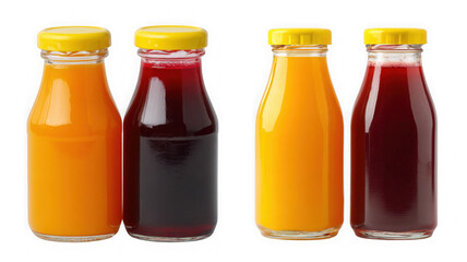 Two bottles of orange juice and two bottles of red juice isolated on transparent background, showcasing their bright colors and fresh appeal