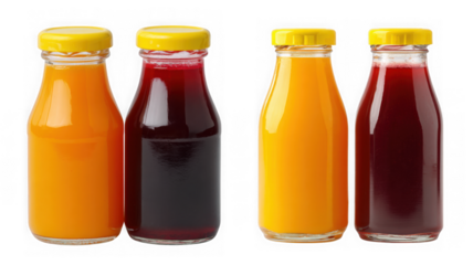 Two bottles of orange juice and two bottles of red juice isolated on transparent background, showcasing their bright colors and fresh appeal