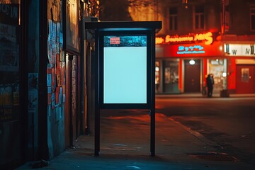 Urban illuminated billboard stands ready for your advertisement at night in a city setting.