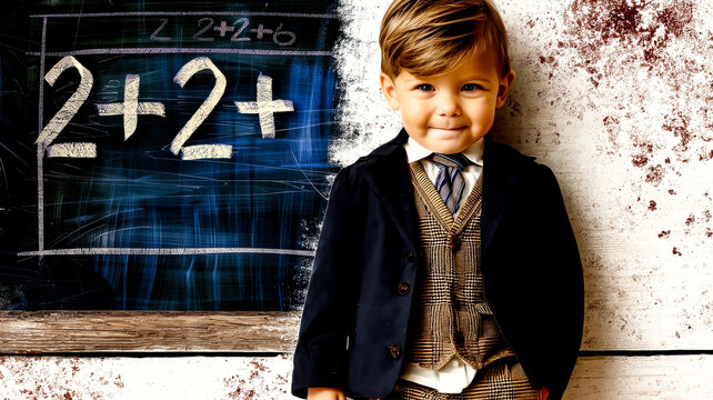 A happy smiling young boy dressed in a stylish suit and tie stands next to a vibrant, artistically textured blackboard featuring mathematical equations. Concept early learning and development.
