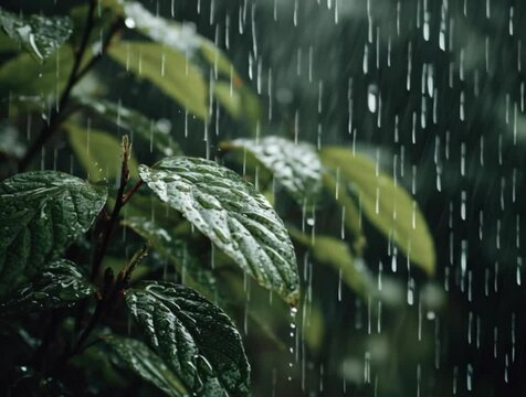 Rain drops falling on green leaves in slow motion, peaceful nature scene with ambient sound. 