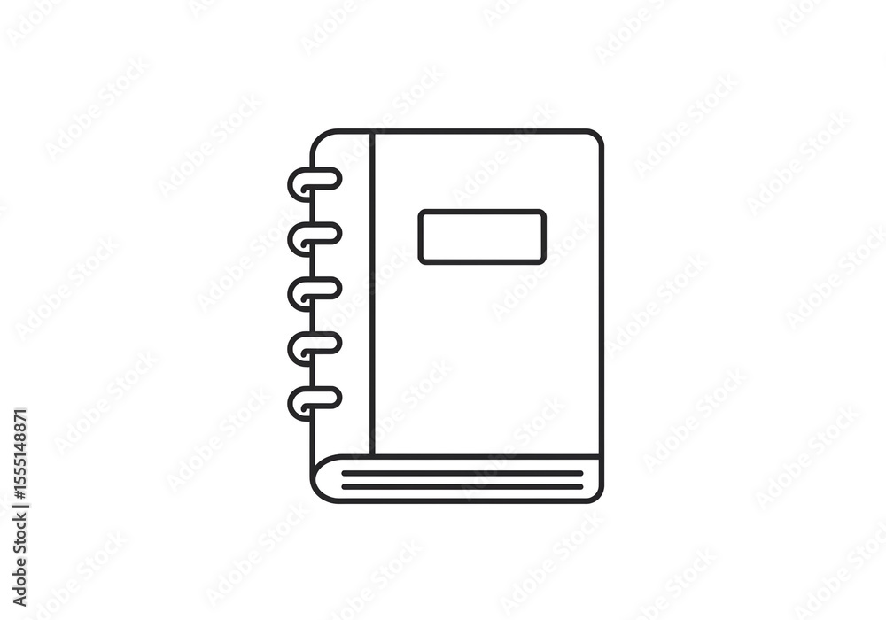 Poster outline drawing of a closed notebook with a label and spiral binding on a white background
