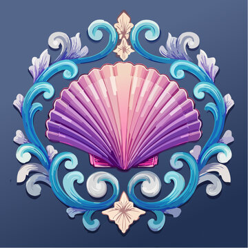 fan-shaped scallop shell unfolding into twin c-scrolls and elegant fleurons in rococo style